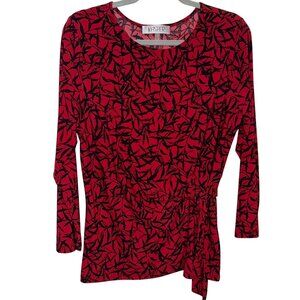 Kasper Womens Red & Black Long Sleeve Tie-Waist Top With Leaf Print Size L